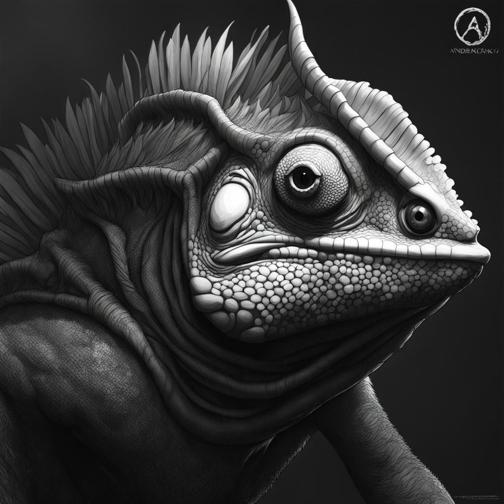 Dark, Portrait, chameleon, monstrous, curved beak, foliage, ...