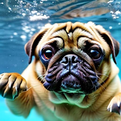 photorealistic cute pug dog underwater Professional photography, bokeh ...