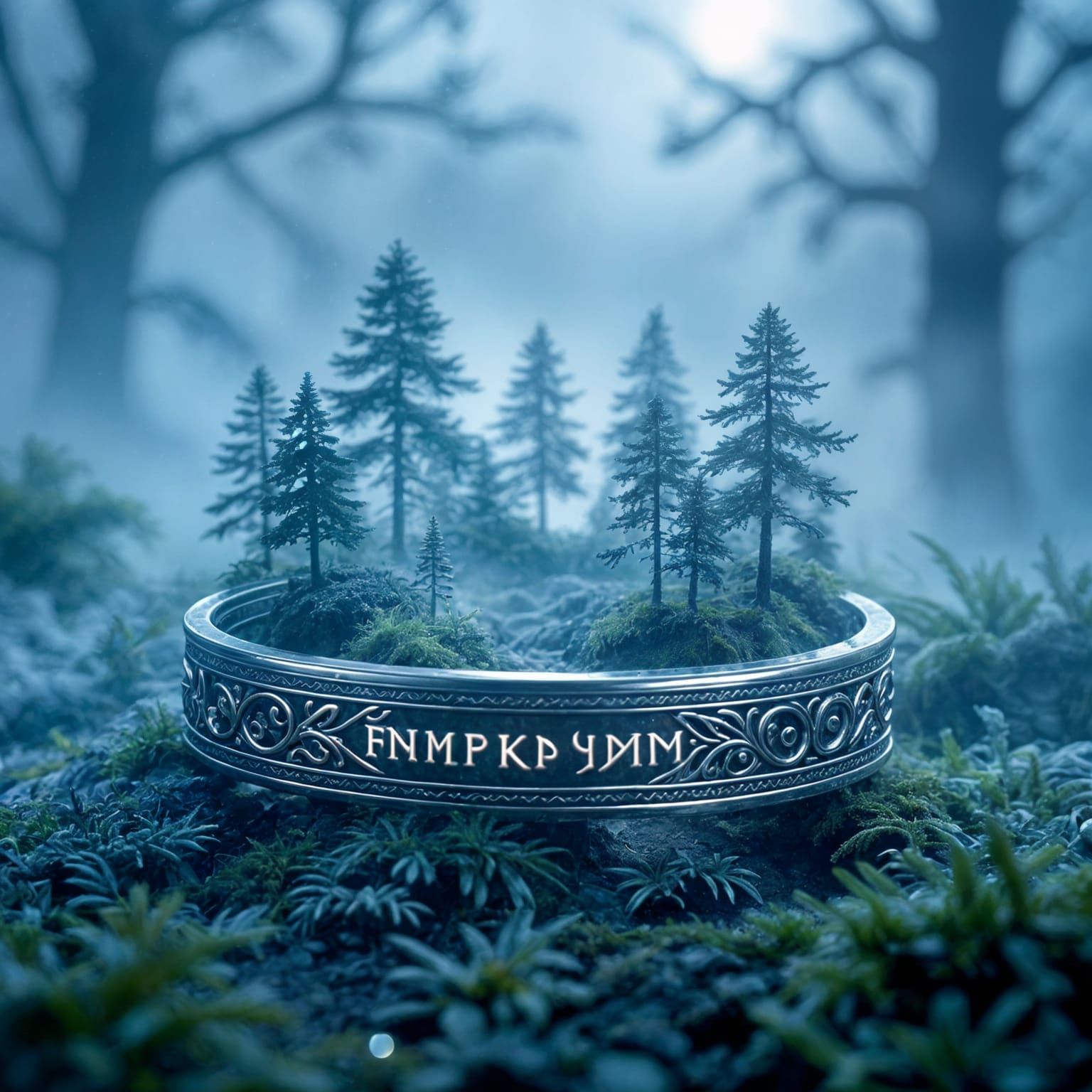 A mystical foggy forest grows upon a wide silver bracelet. The bracelet lies slightly tilted, its polished ...  by @Likvi
