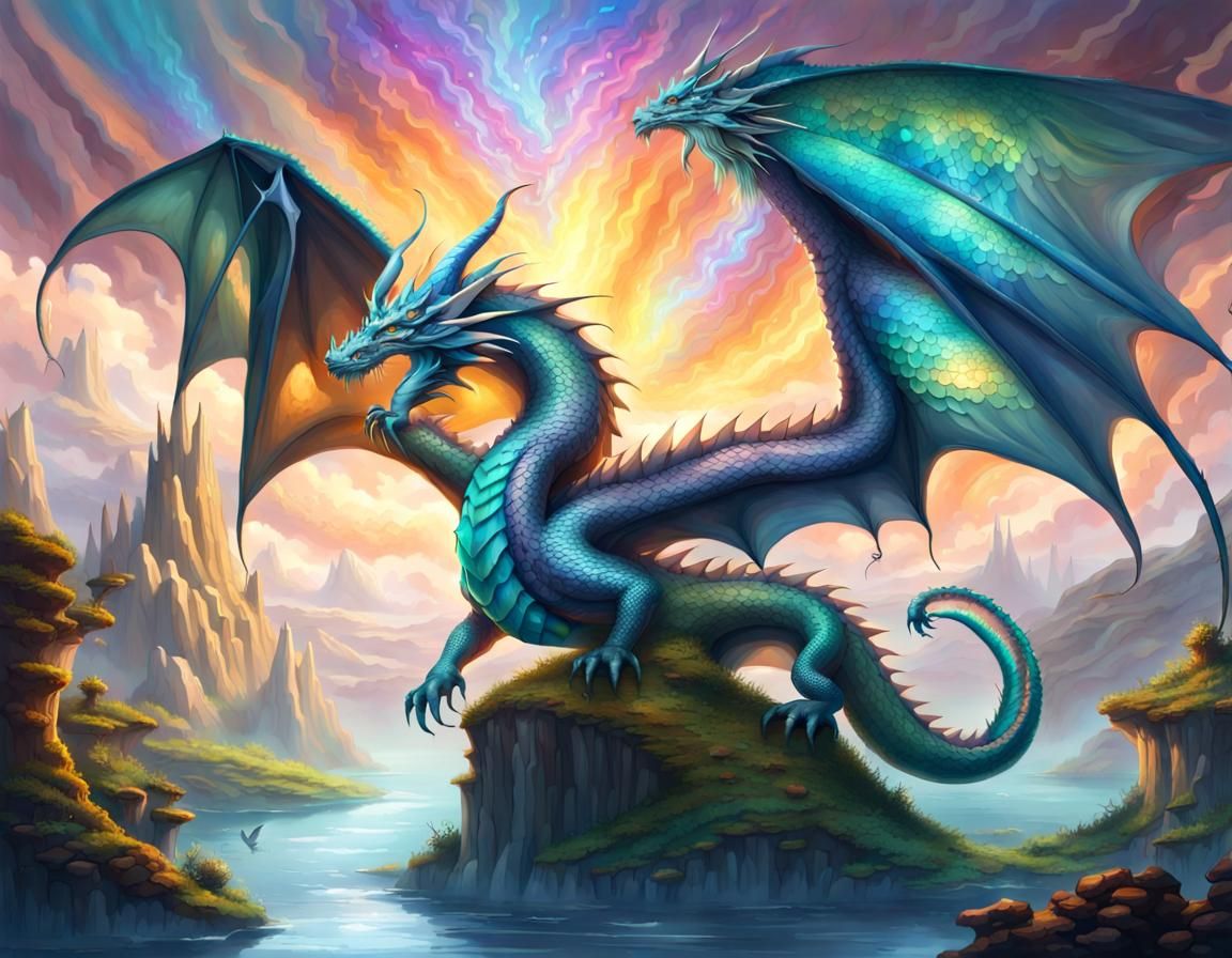 A majestic dragon, its iridescent scales reflecting the light, soaring ...