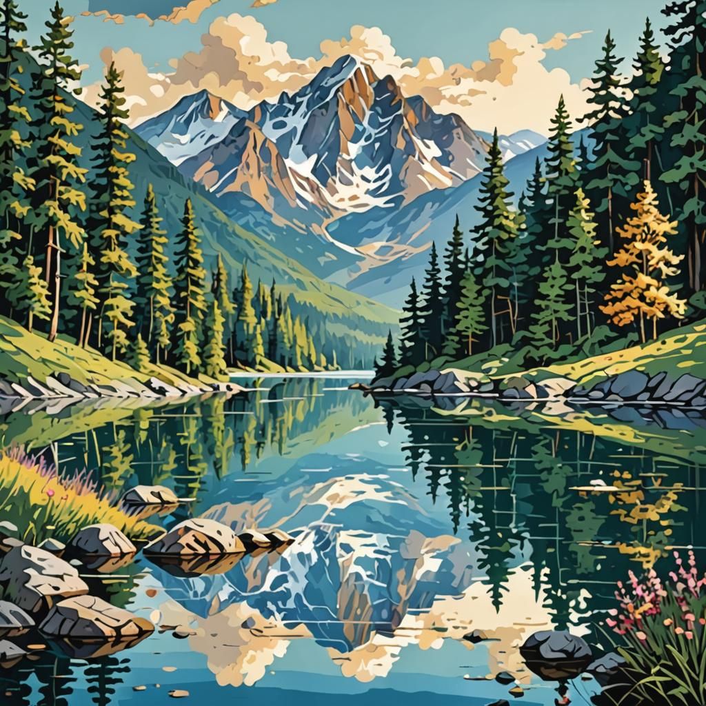 Paint-by-numbers kit featuring a peaceful mountain lake