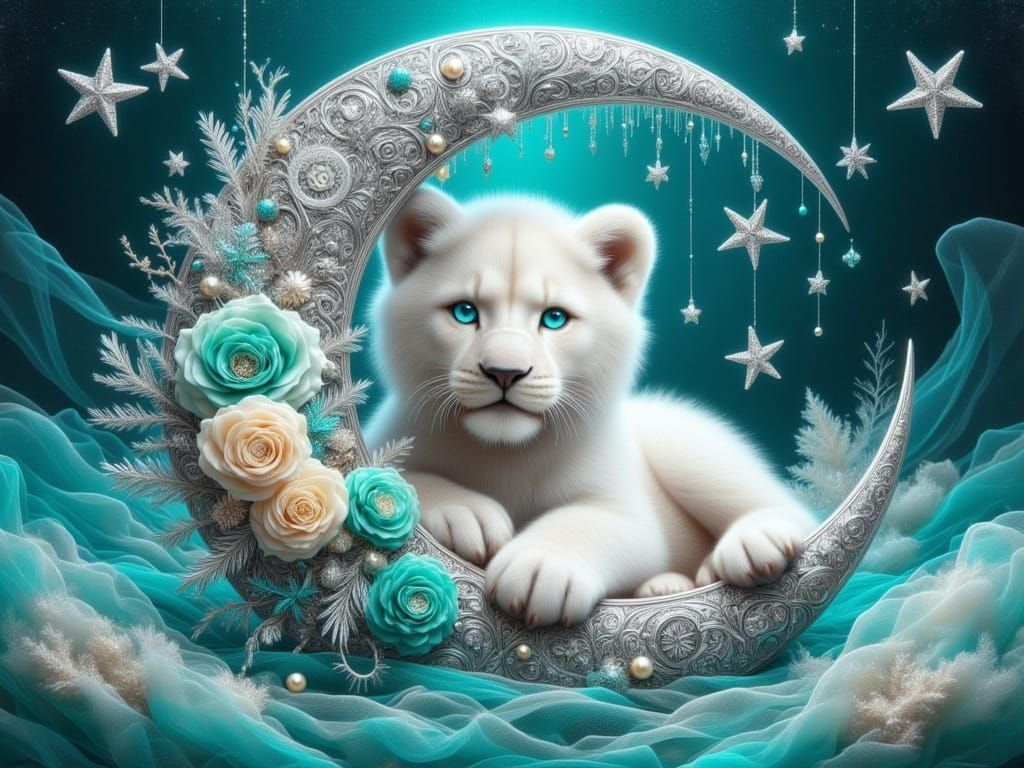 <lora:FiosFiligreeMoons:1.0> Fluffy White Lion cub