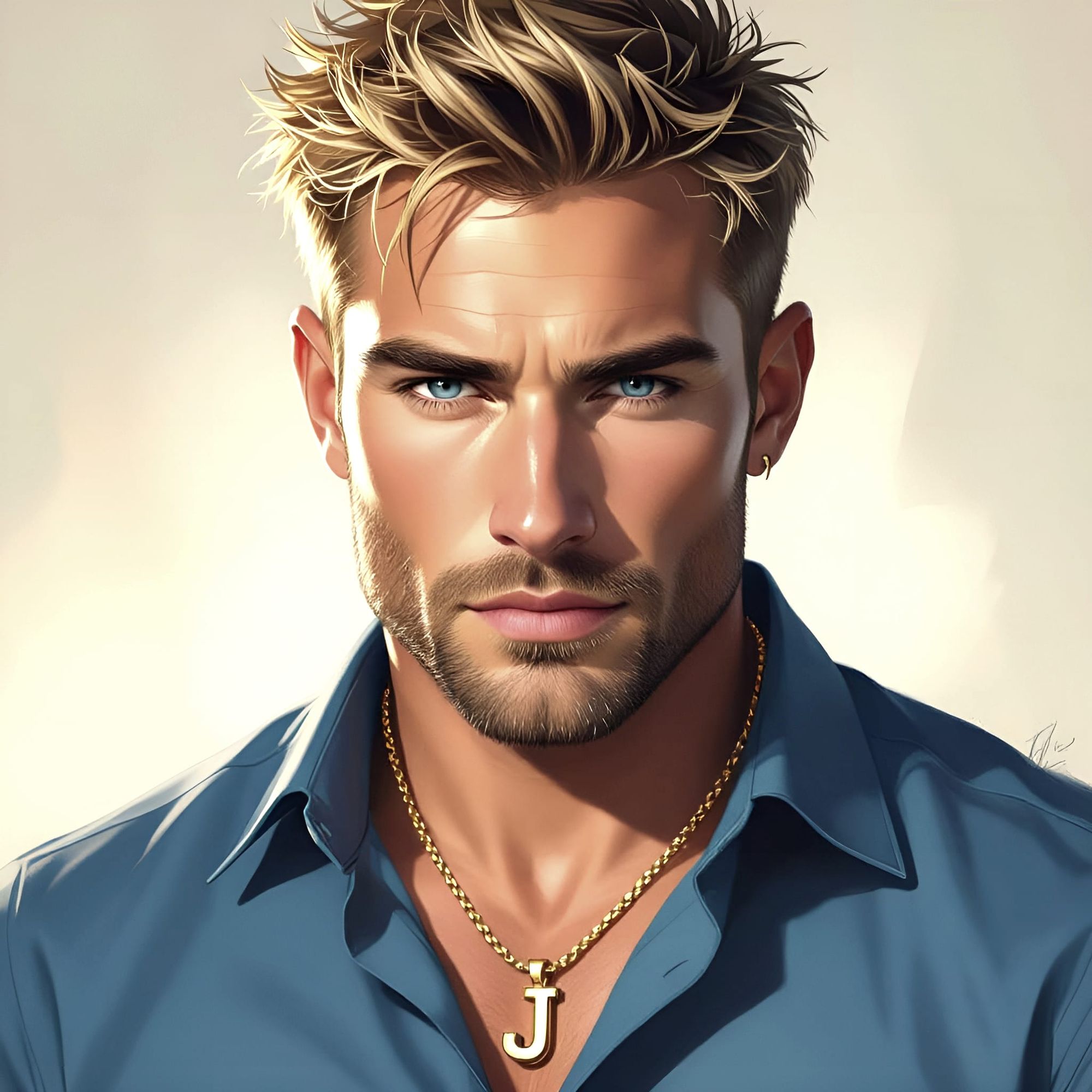 Five o clock beard with short spiky blonde hair, deep blue eyes mid 30s. Wearing blue shirt with gold chain necklace with J on it