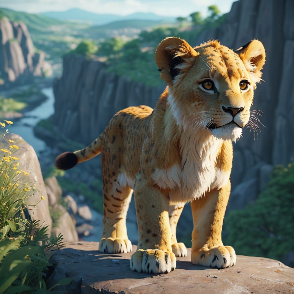Surreal Lion Cub Stands on Cliff's Edge in Vibrant 3D Anime ...