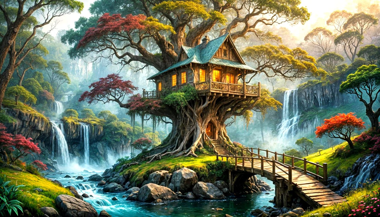 Medieval cozy and huge village treehouse lovely pastel colors beautiful Watercolor impressionist striking ...  by @Lennis