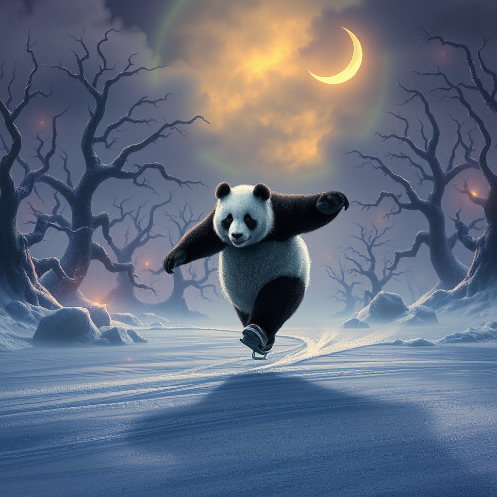 Panda on Skates in Mystical Winter Landscape
