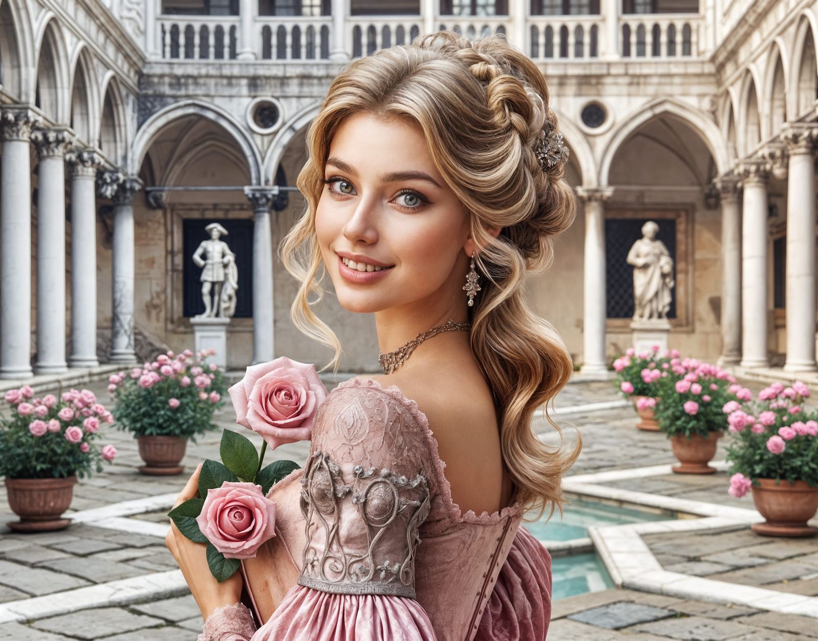 Венецианка с 2 розами стоит во внутреннем дворике