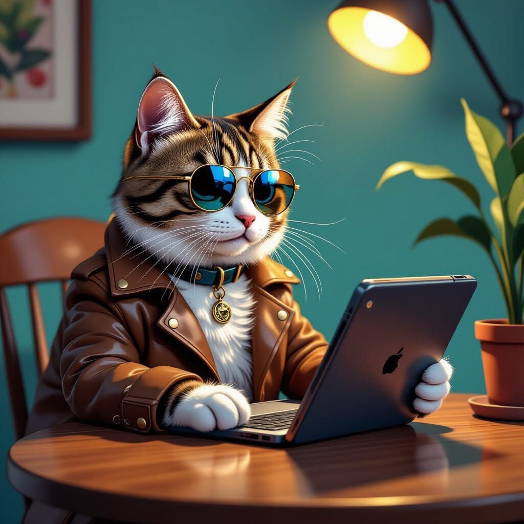 Um gato da Geração Z sentado em uma mesa, gravando um vídeo com um tablet e um anel de luz na mão.  by @JGart 