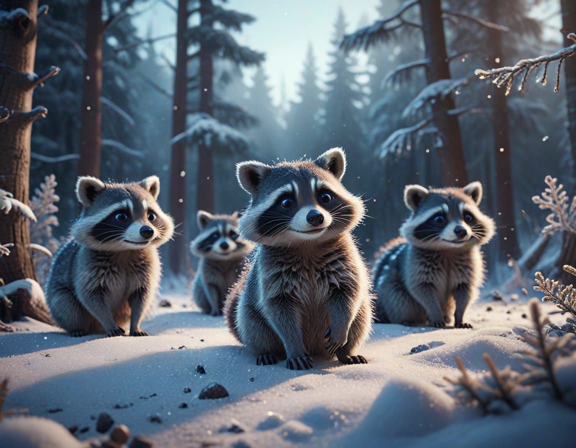 Pixar-Inspired Raccoons in a Frosty Snowy Wonderland