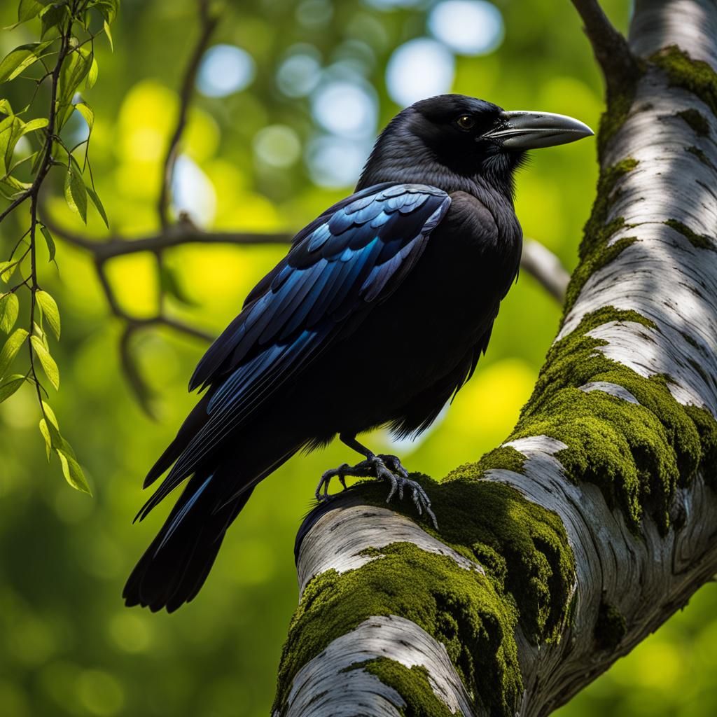  crow, perched on a branch of a silver birch tree  by @Noah Koeppl