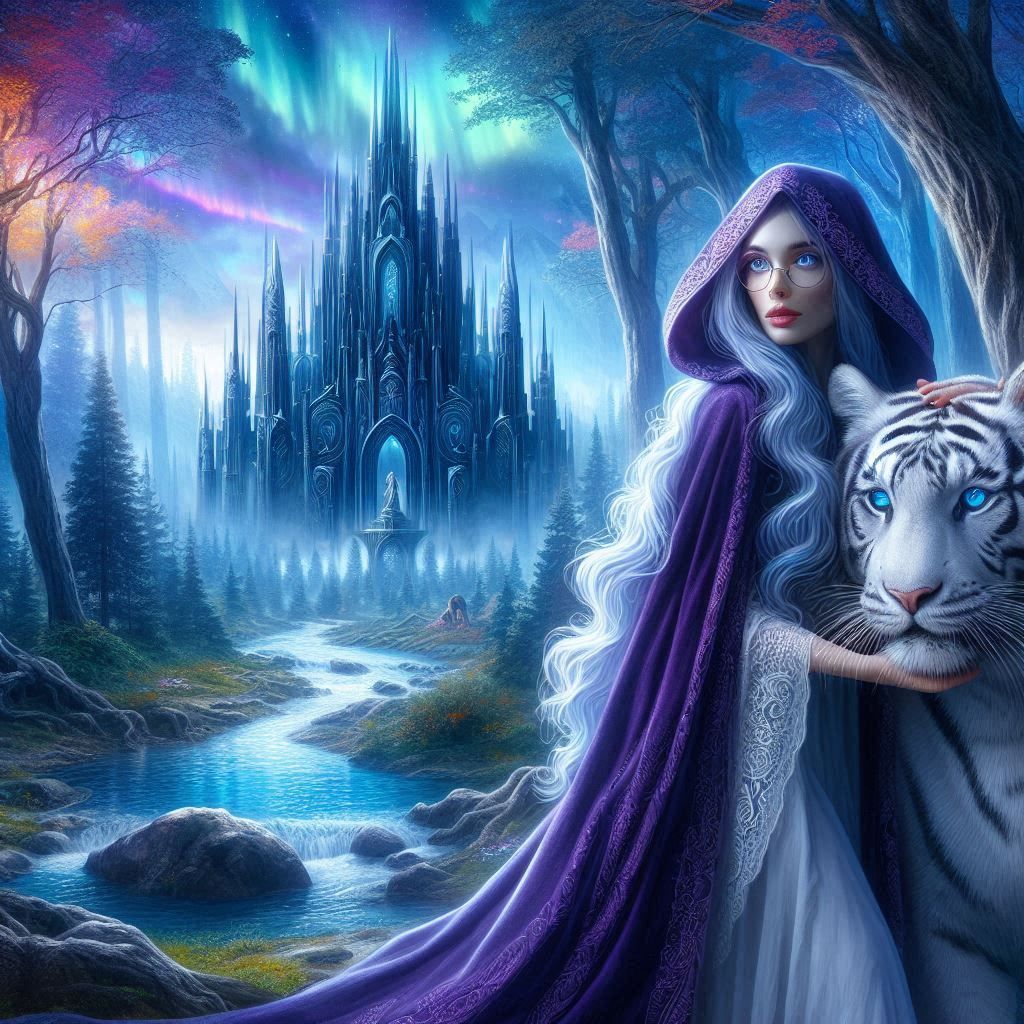 The Gothic princess and the white Tiger under a stunning nig...