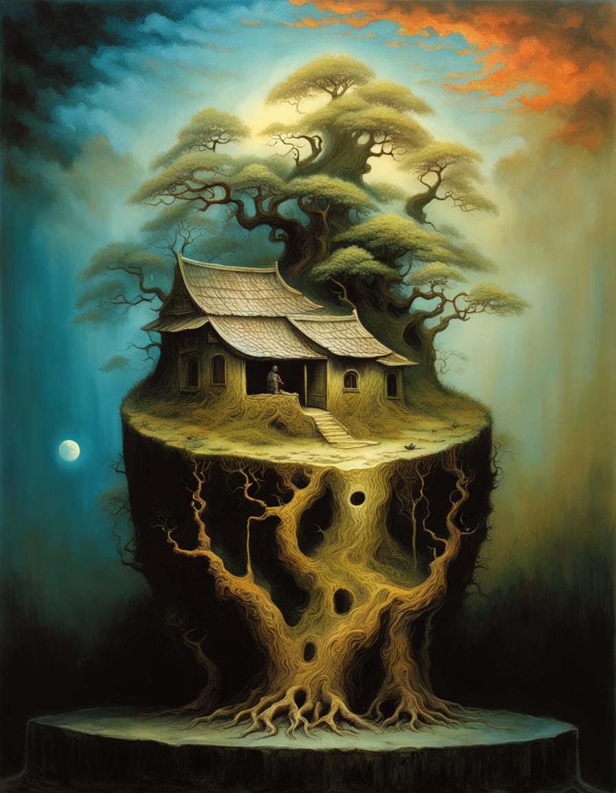liminal space zombie bonsai tree Zdzisław Beksiński surreali...