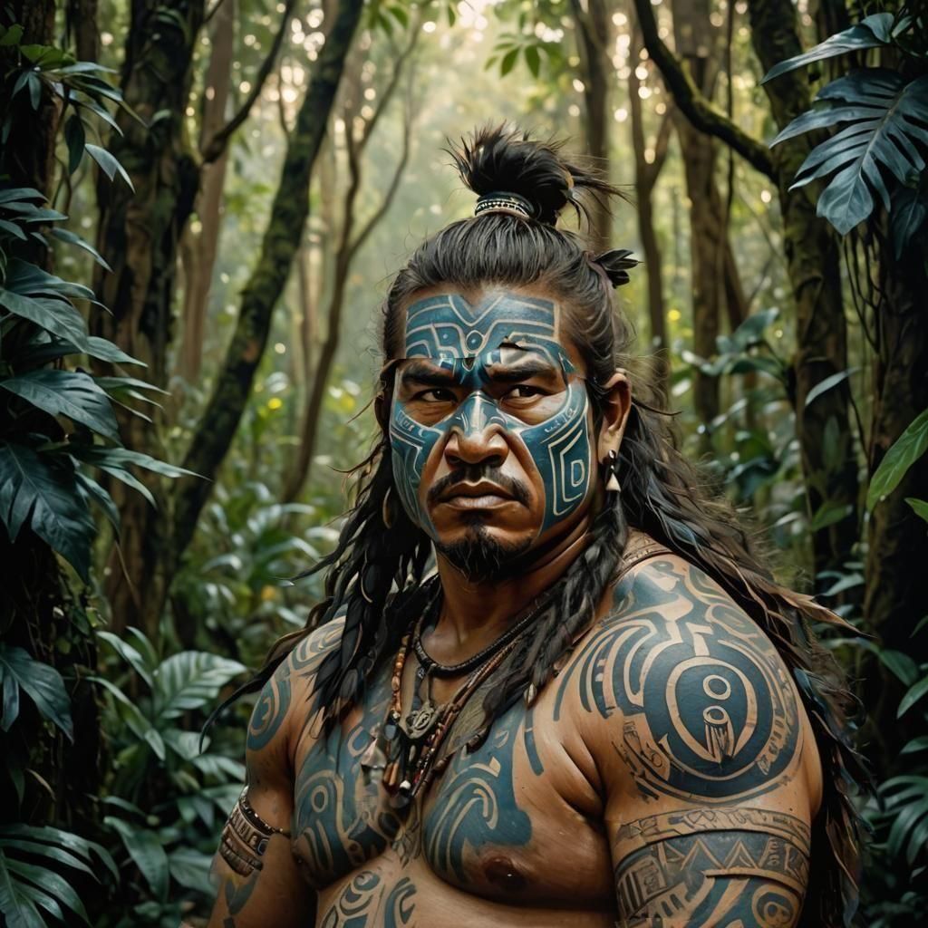 blue tribal tattoo body and face, chubby, big nose, no crown, uncovered hair, dark rough hair, primitive, tribal