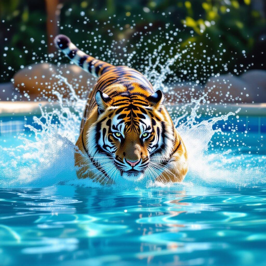 Siberian Tiger Leaps into Pool in Hyperrealistic Style