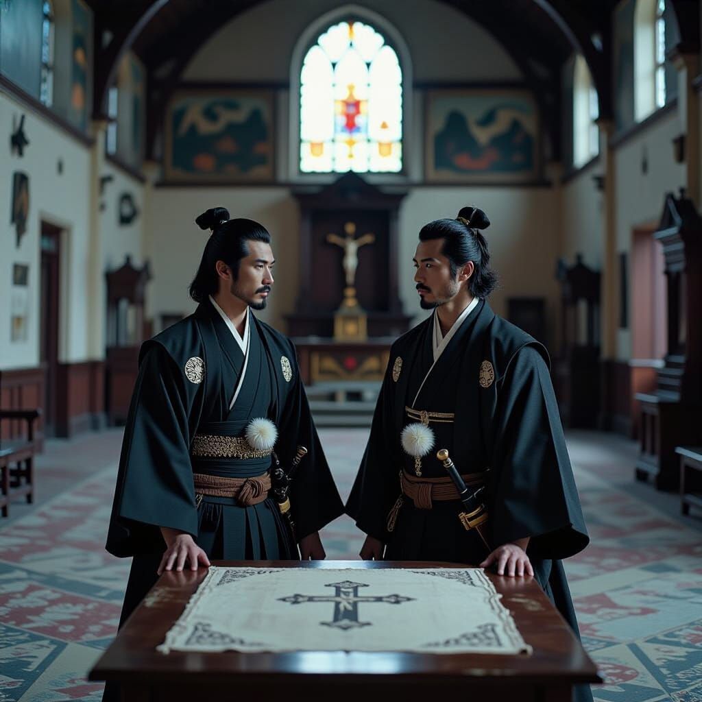 Japanese Samurai in Abandoned Church, Pre-Raphaelite Style