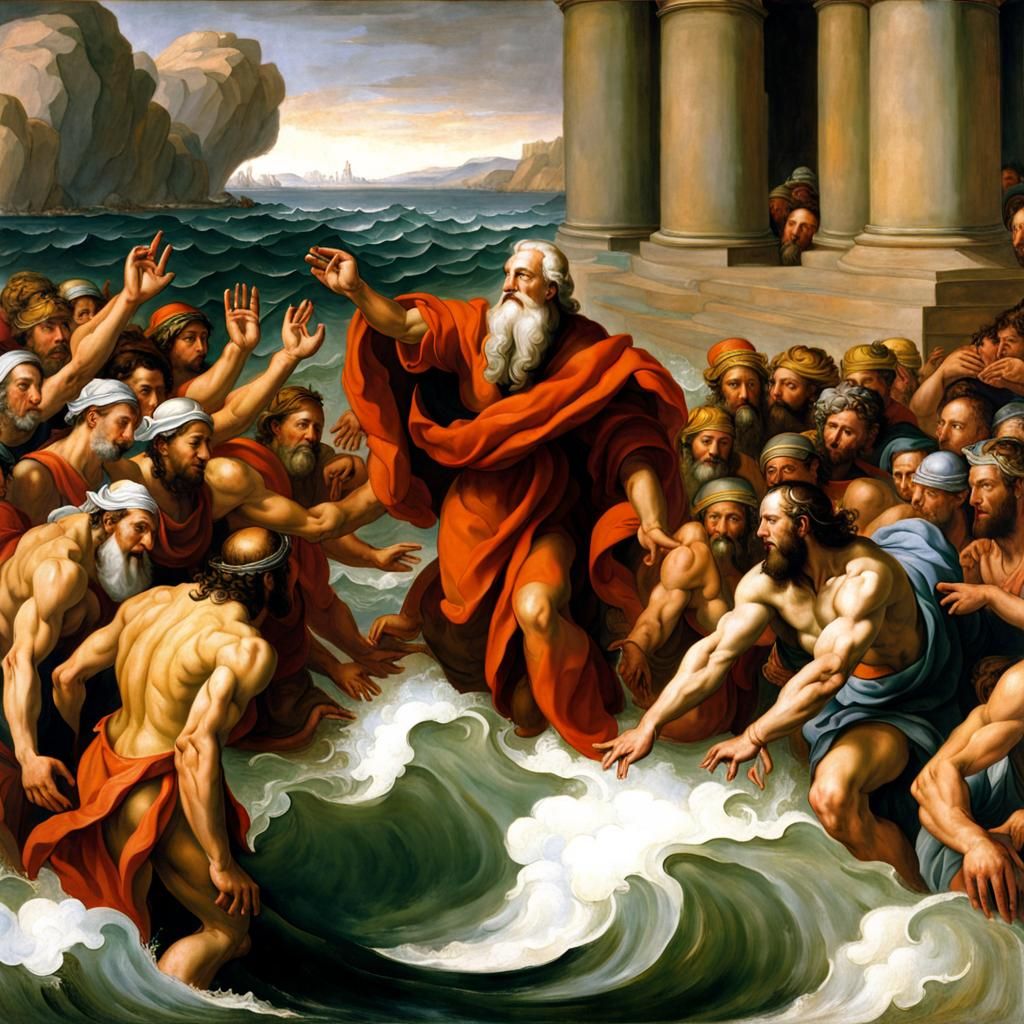 Moses parting the red sea oil painting by Michelangelo AI