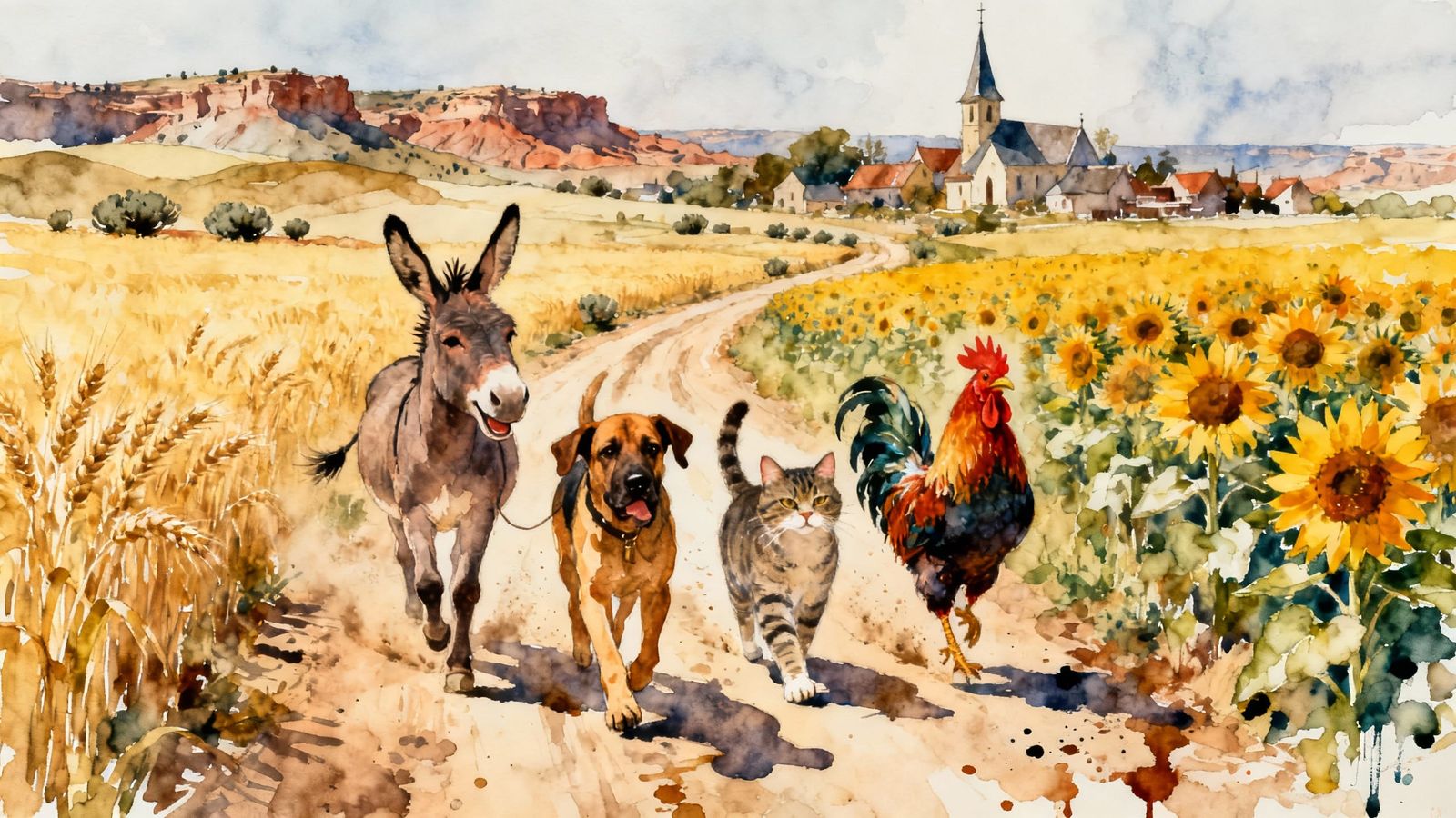 Bremen Town Musicians Watercolor Painting on Dusty Road