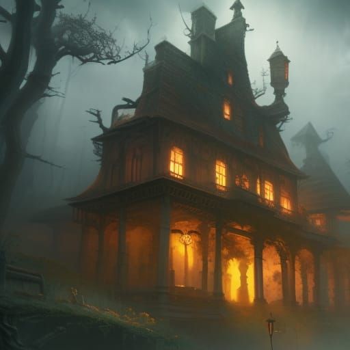 fractale d'une maison hantée dans un bois : psychose en plein nuit