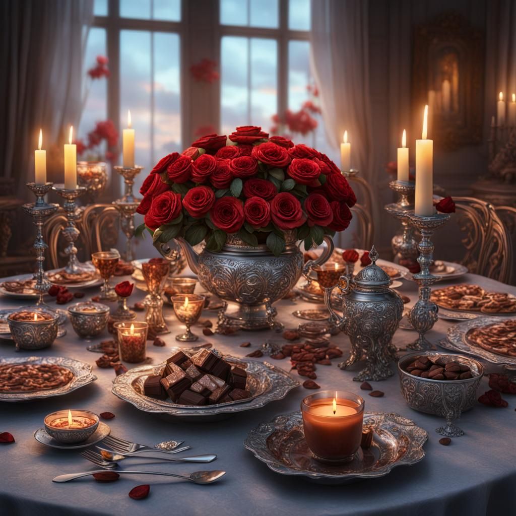 A romantic candle lit dinner table covered with chocolates surrounding