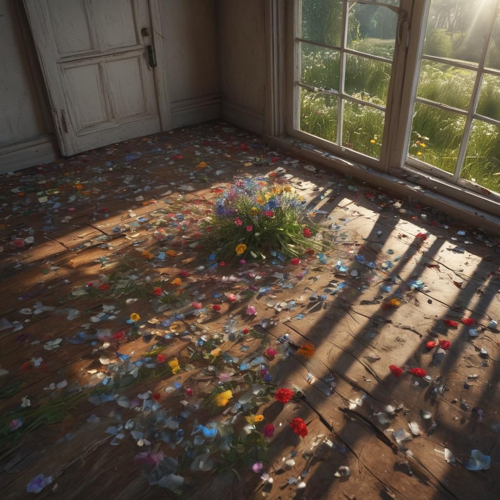 Broken glass of the flowers In the ground beside the wood’s table near to the window and the sun crossover inside with a beautiful aspect 