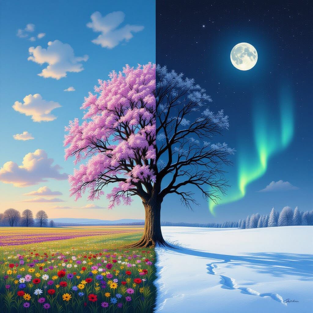 Ein gespaltenes Bild. 
Ein großer Baum steht in der Mitte. Die spaltende Linie zieht sich durch seine ...  by @BlueTaco