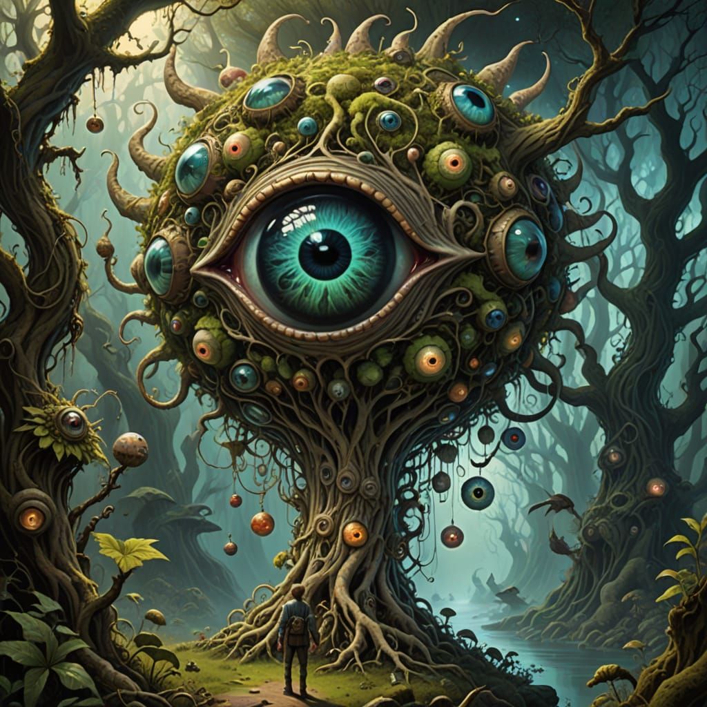 A huge eyeball growing in a giant tree, surrealism, weird plants, whimsical, highly detailed, elegant, fantasy, colourful, gothic, dreamlike...