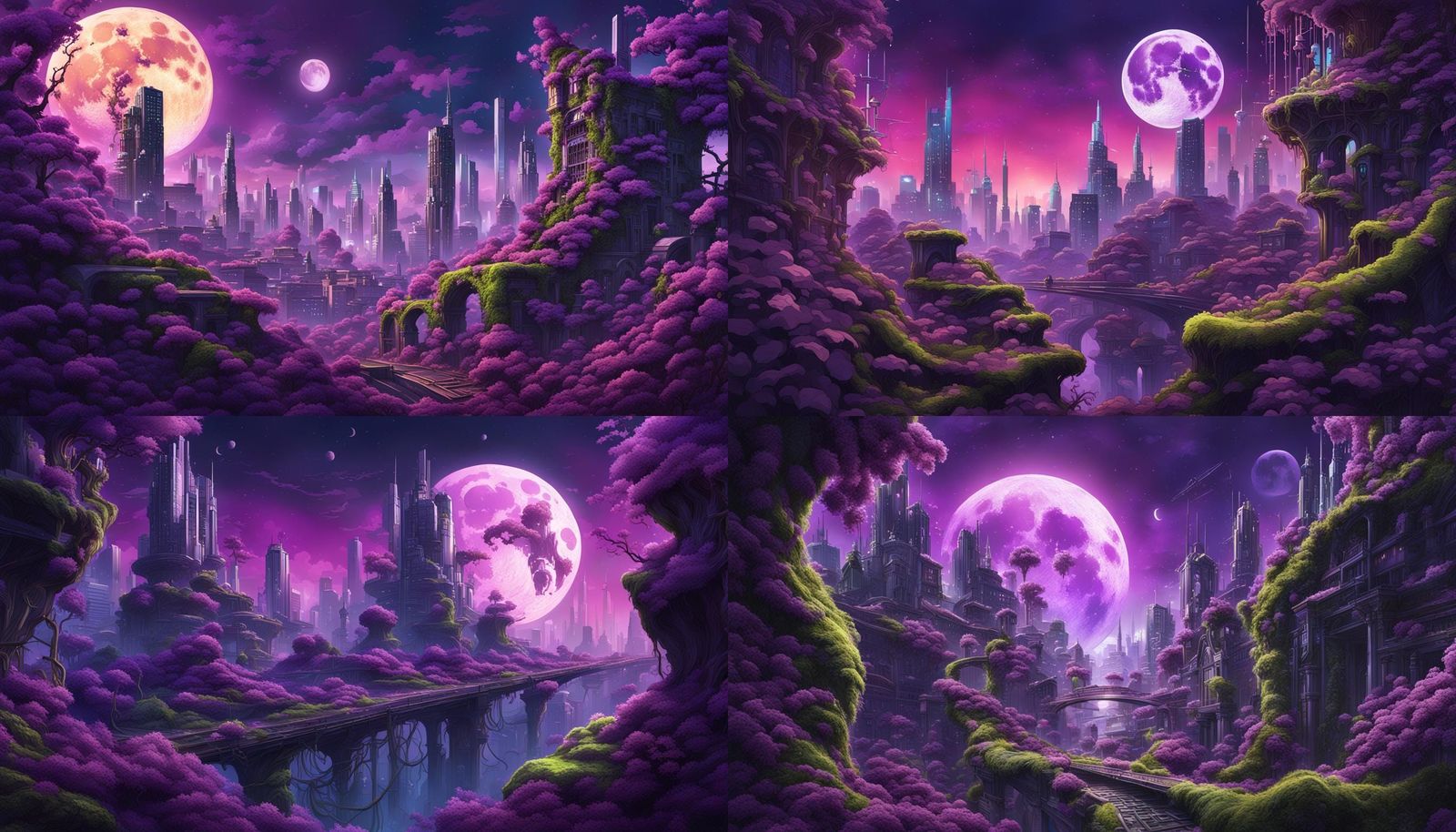 Overgrown futuristic city covered in purple vines and moss w...