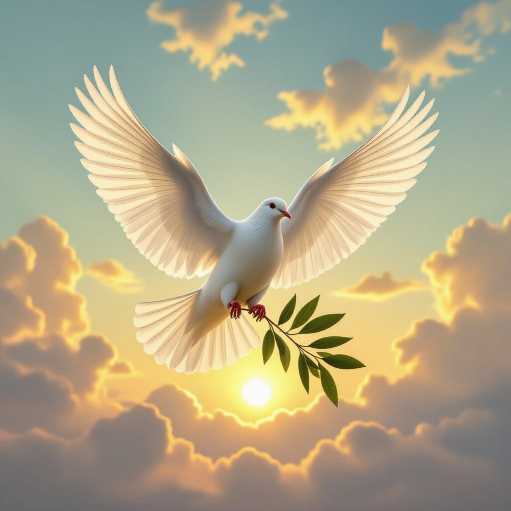 Peaceful Dove Soars at Dawn with Olive Leaf