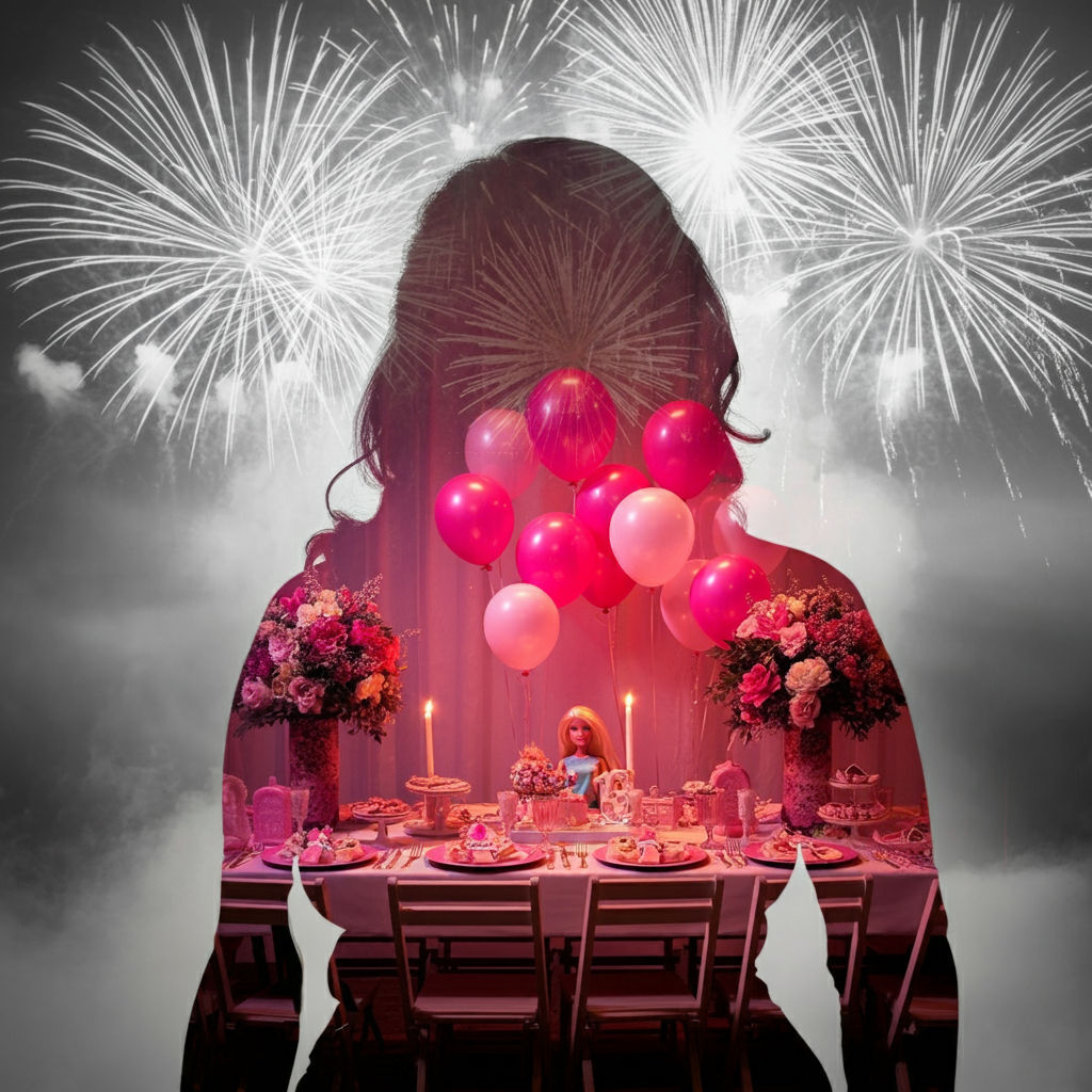 Double exposure, the daughters birthday party, and her fireworks excitement, and the mother behind it all