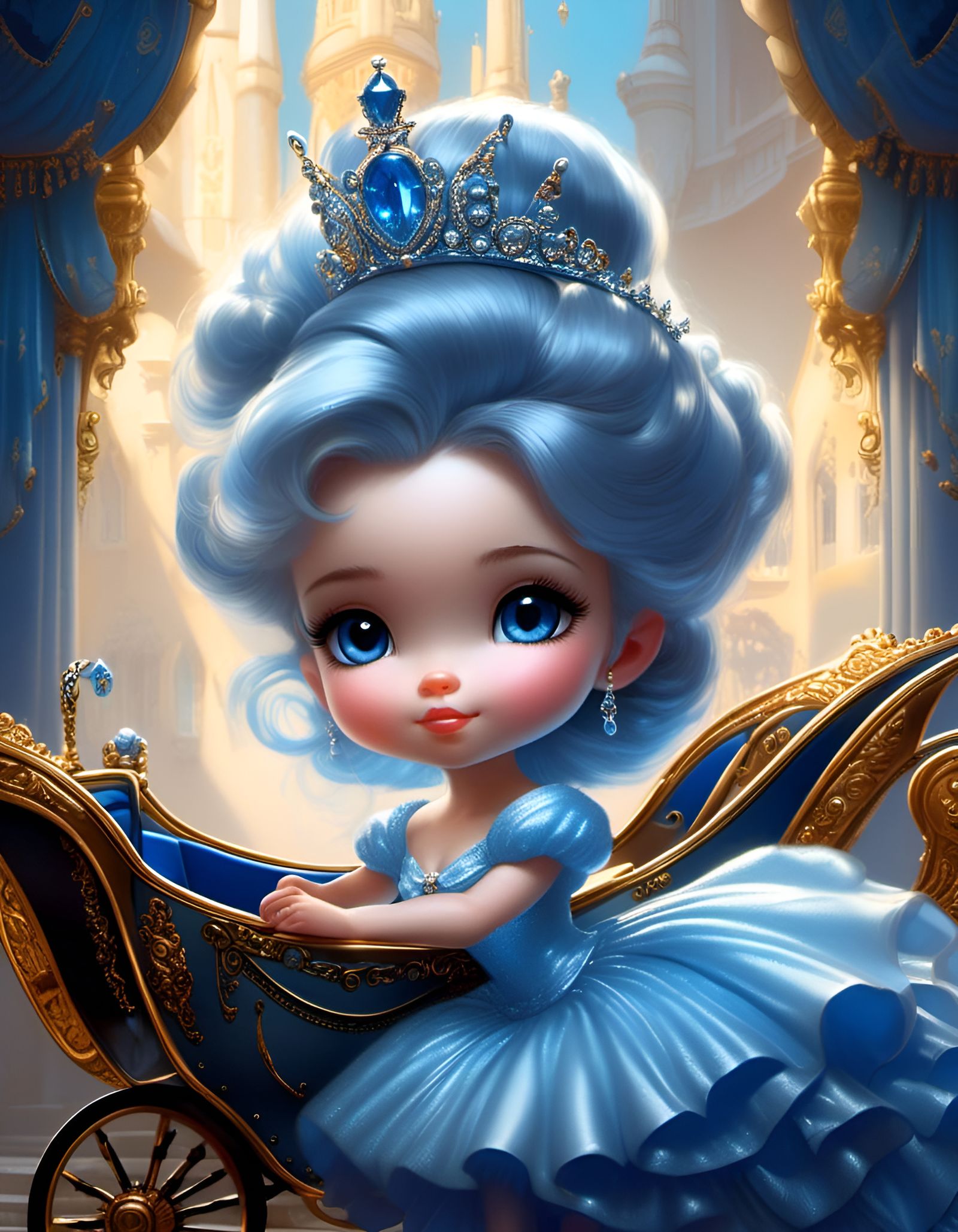 Adorable Chibi Cinderella in cute blue glass sparkling horse...