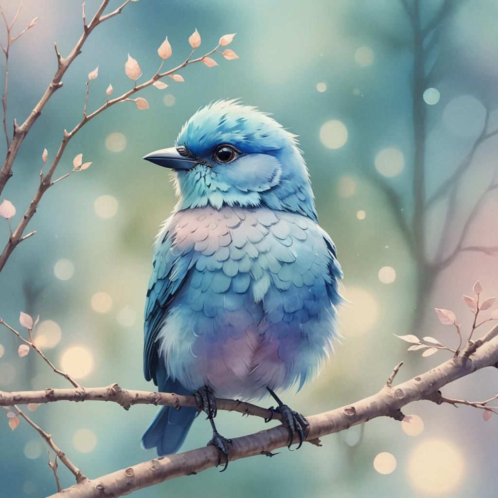 Fluffy blue bird kawaii  by @J