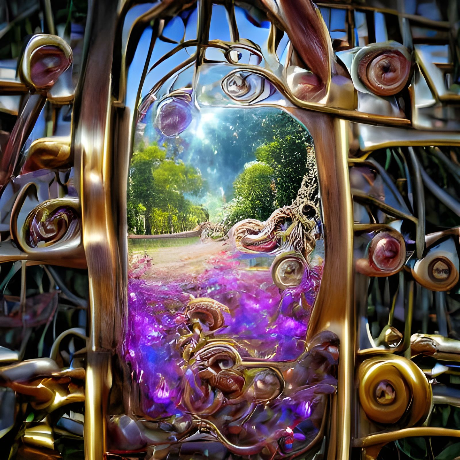 Time traveling gate in an enchanted garden a magical world of swirly 