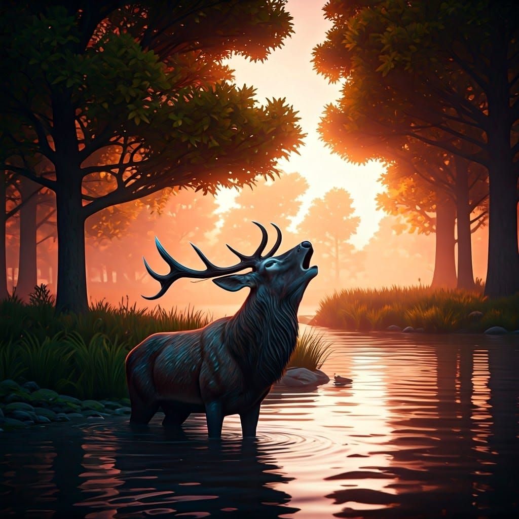 Majestic Deer at Serene Lake's Edge in Dreamlike Matte Paint...