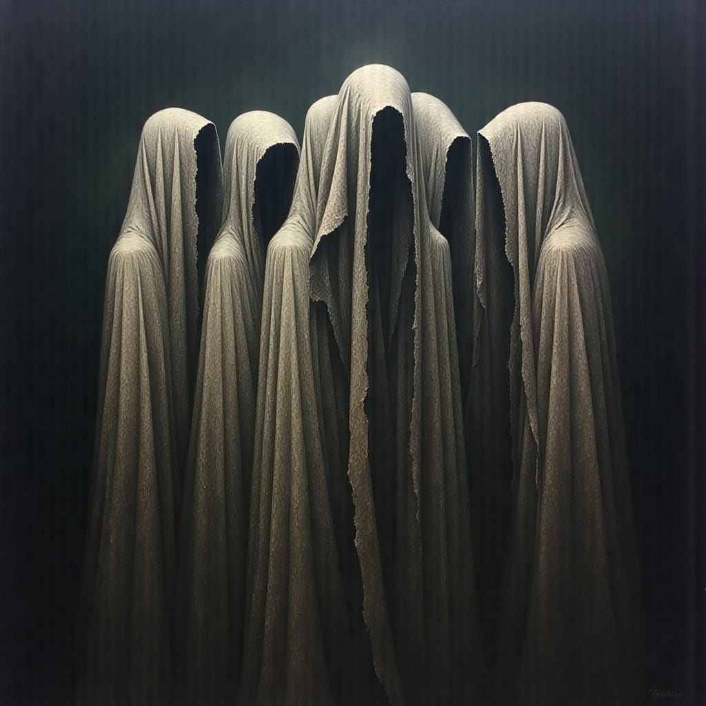 <lora:MJ6 Macabre:1.3> Vanishing Visions – Figures dissolving into dark backgrounds, as if being erased by time, with rough, visible transi...