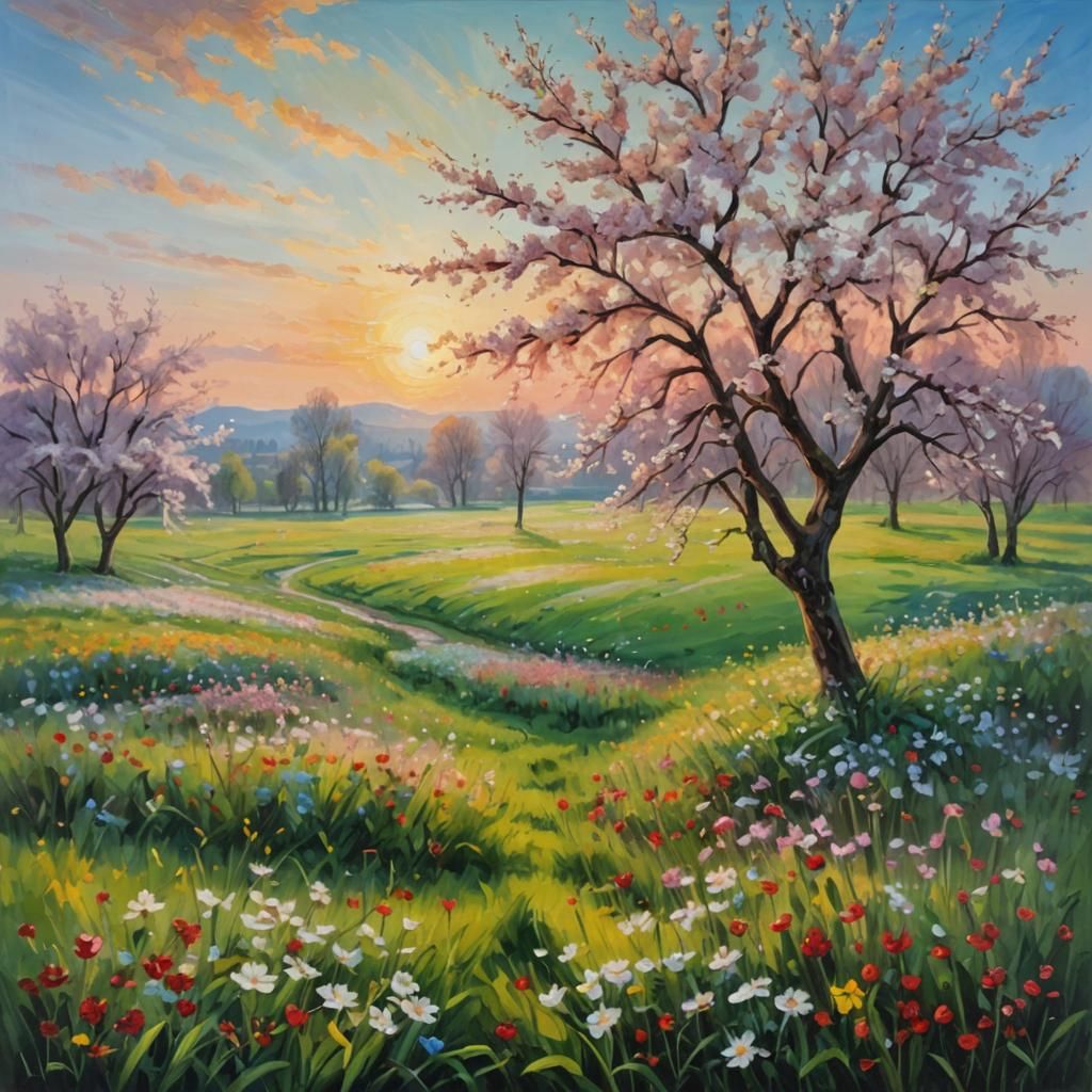 Oil on canvas: Flower meadow blooms in different colors in s...