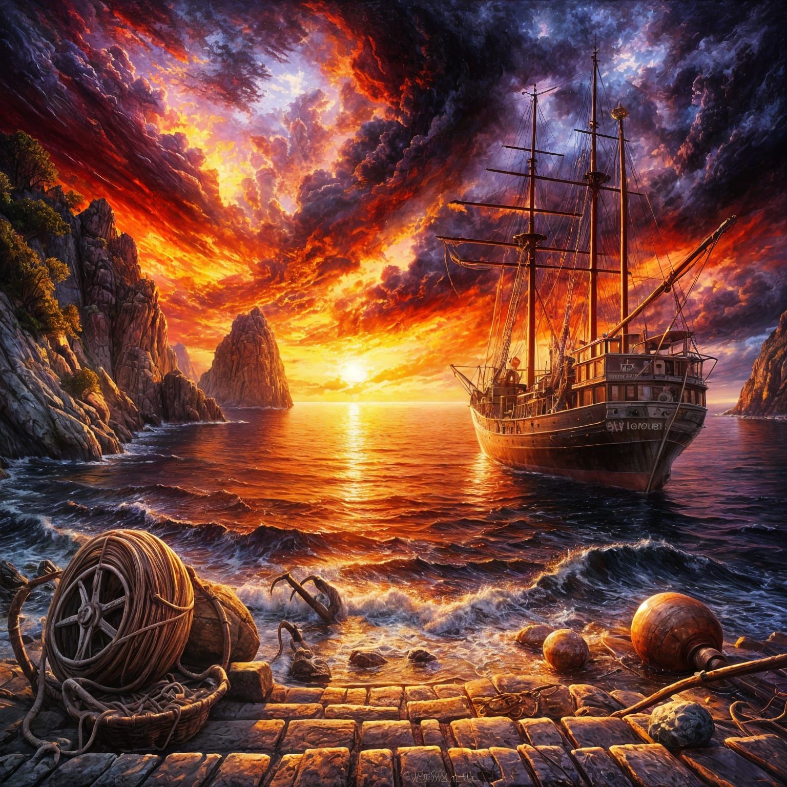 An oil painting of a breathtaking sunset over a Mediterranean cove.