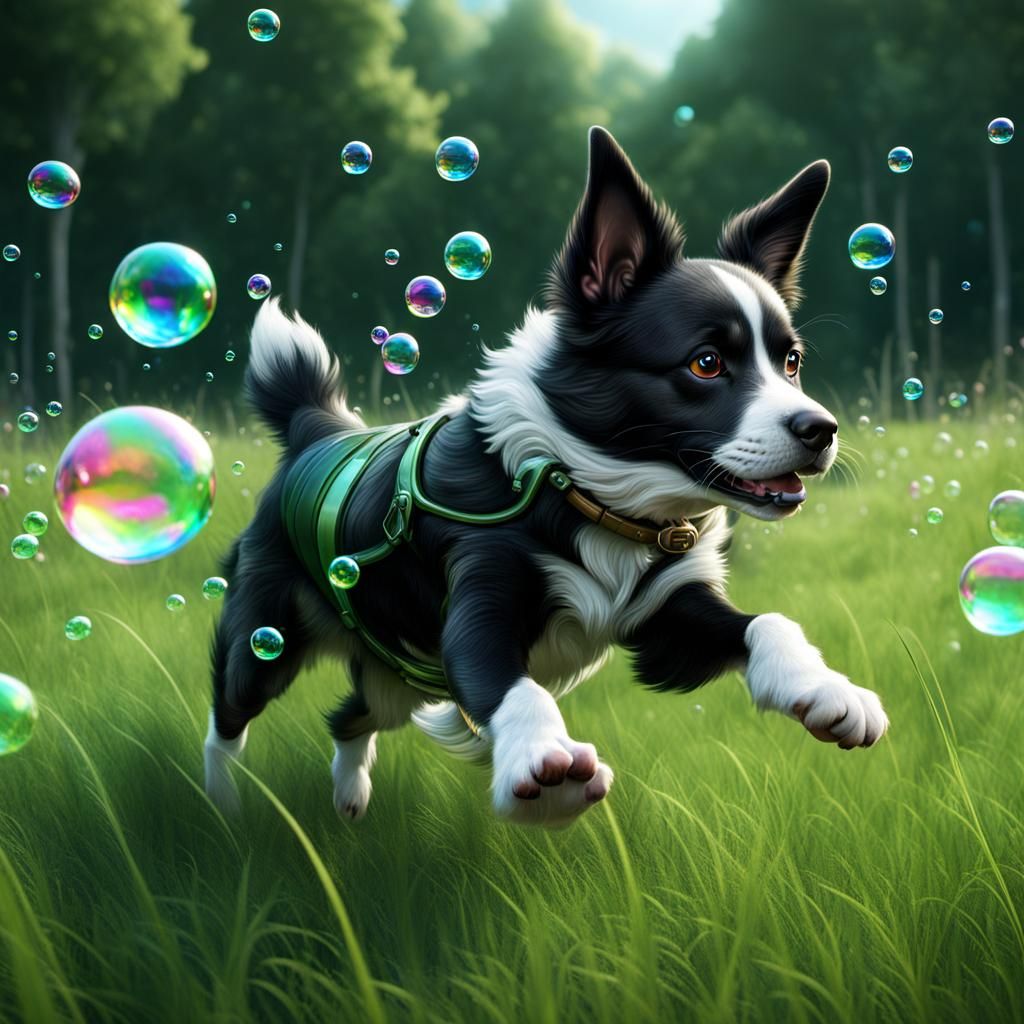 A dog chases bubbles in a grassy field, side view detailed m...