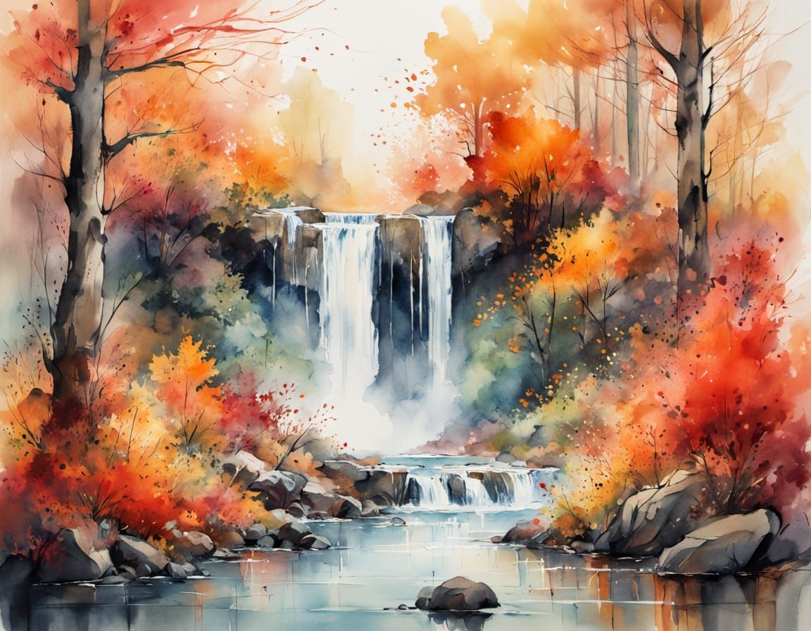 Autumn Waterfall capturing the calm power of water tumbling through forests dressed in red, orange, and gold with the light of fall transfor...