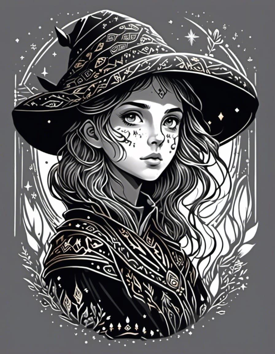<lora:E Black 03:1.0> Portrait of a Charming Little Sorceress, linework ornament, patterns, completely black background, concept art 8K