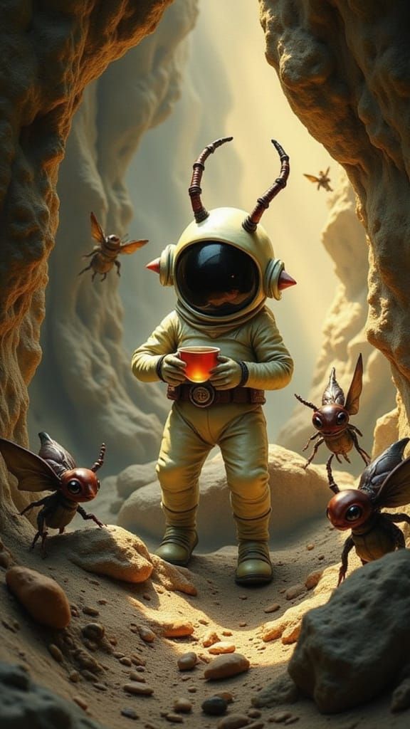 <lora:Caffeine Critters:1.0> Astronaut with a cup of tea surrounded by large curious bug aliens in a cave