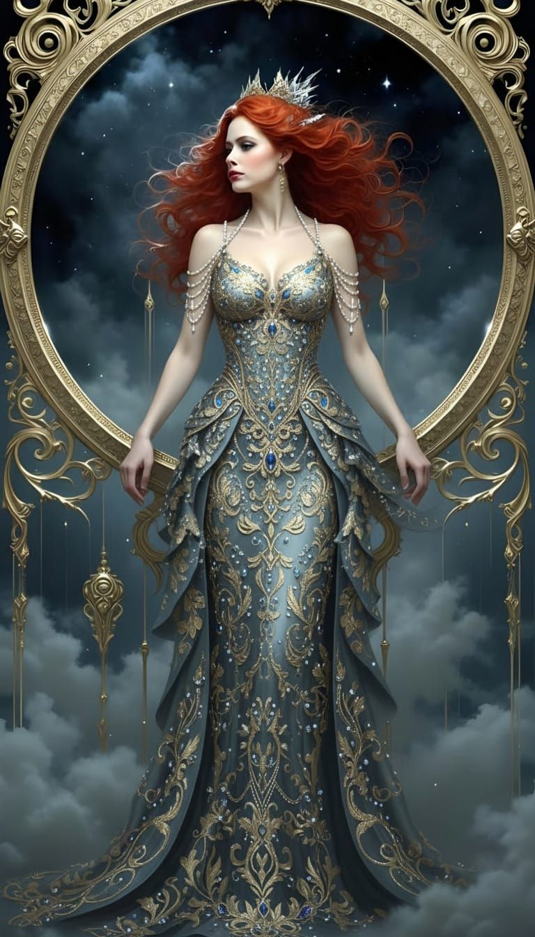 <lora:Soft Flux:1.0> <lora:My Face Flux:1.0> Gorgeous curly red-headed goddess, finely detailed eyes, intricate design head portrait, dramat...