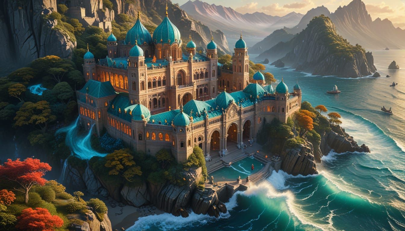 A breathtaking, hyperdetailed aerial fantasy illustration of a surreal, vibrant landscape with serene palace, crashing waves and high mountains. - Start Image 1