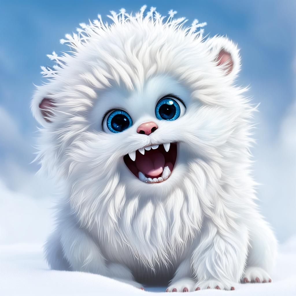 baby yeti, white and thick fur like snow, piercing and innoc...