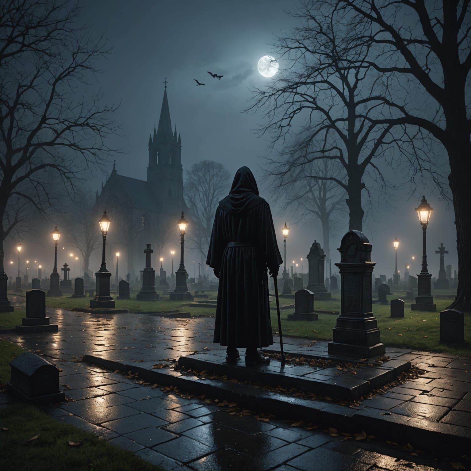 Village Cemetary at night. Stood over a new grave stands the grim reaper, paying their respects to the recently dead. There is a low fog all...