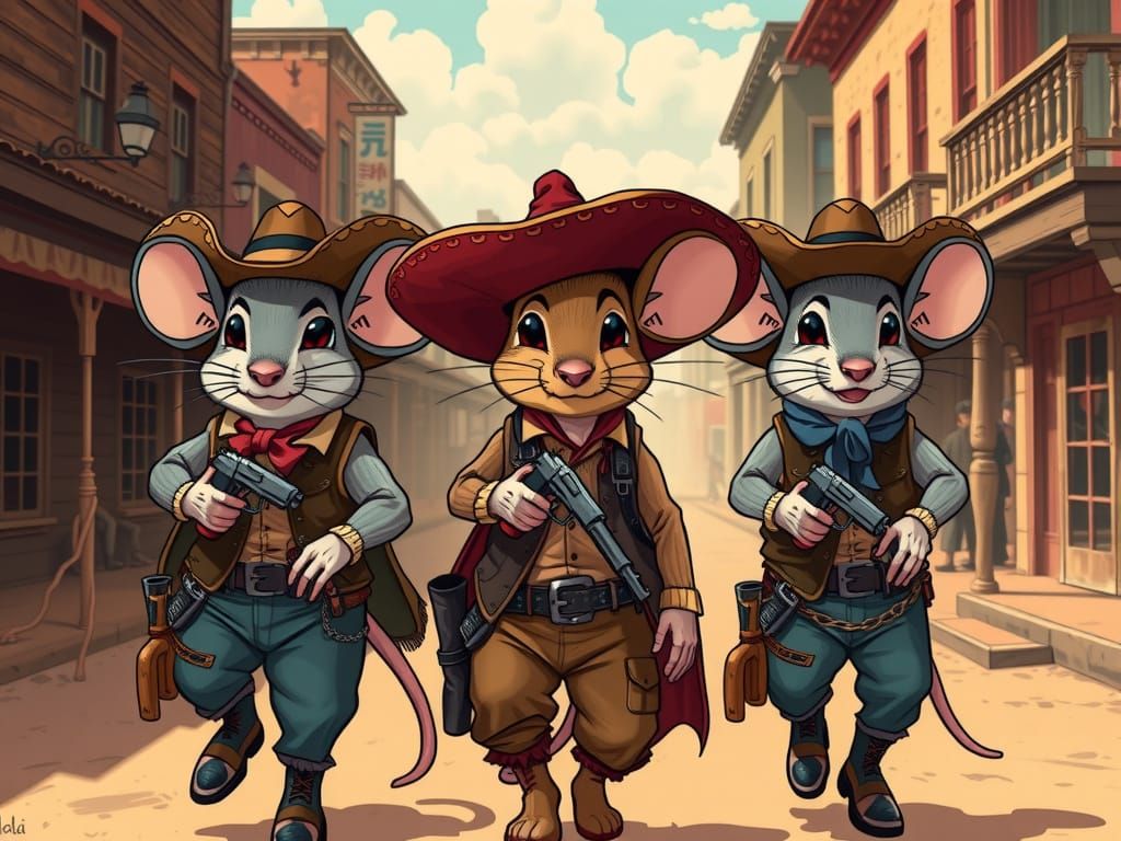 Animals in Sombreros- three mice wearing sombreros in a western town going to a gunfight with revolver guns on the hip , inspired by Rubber ...