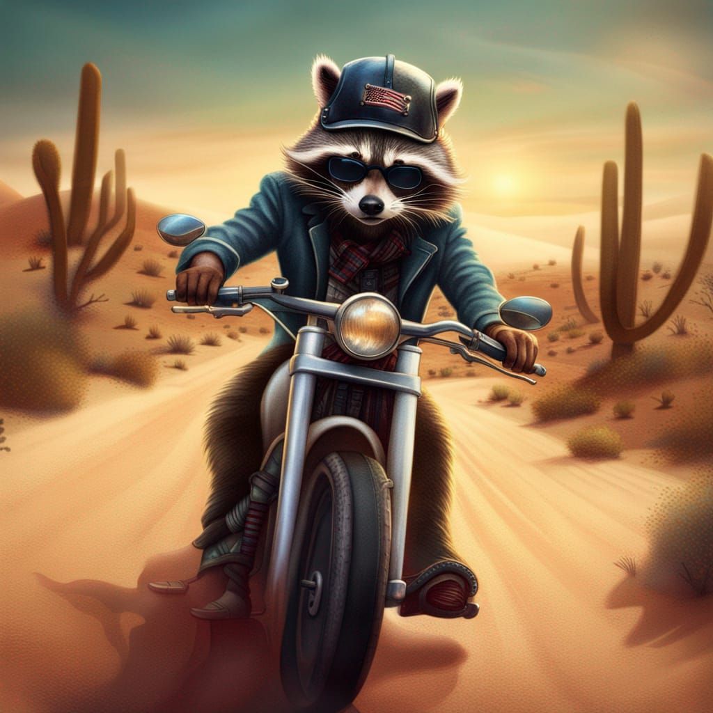 a racoon driving down a desert higway on a harley davidson, ...