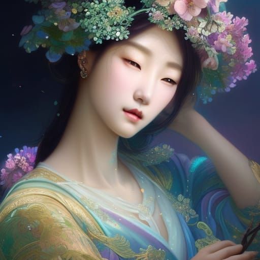 Korean goddess, magical, pastel, iridescent, florals, water, moonlight ...