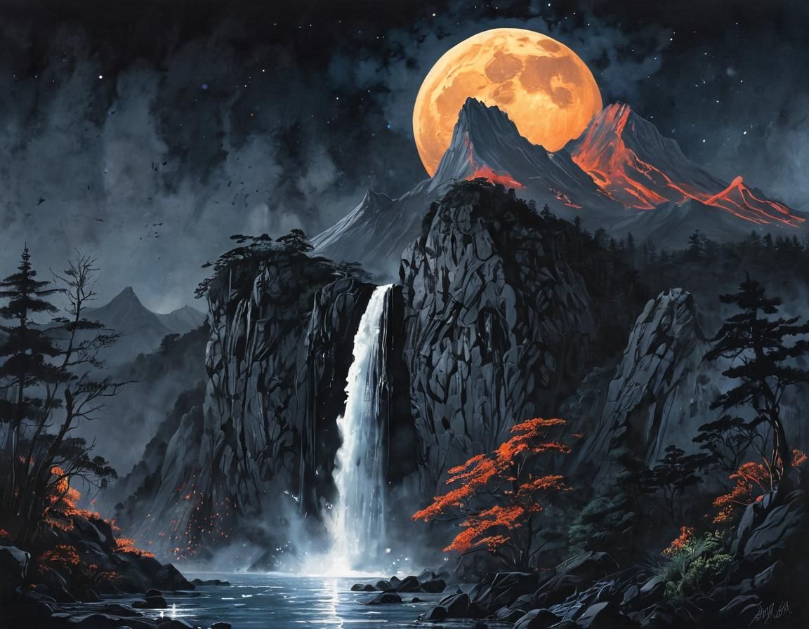 Volcano (Inky) A glorious moonrise over a tall mountain waterfall
