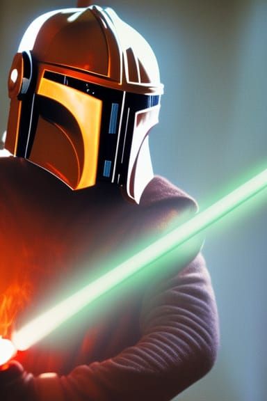 Mandolorian holding a light saber