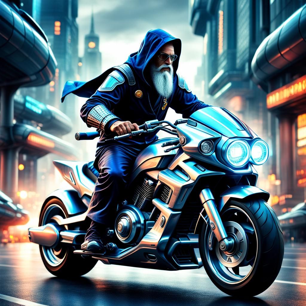 A wizard riding a futuristic motorcycle.